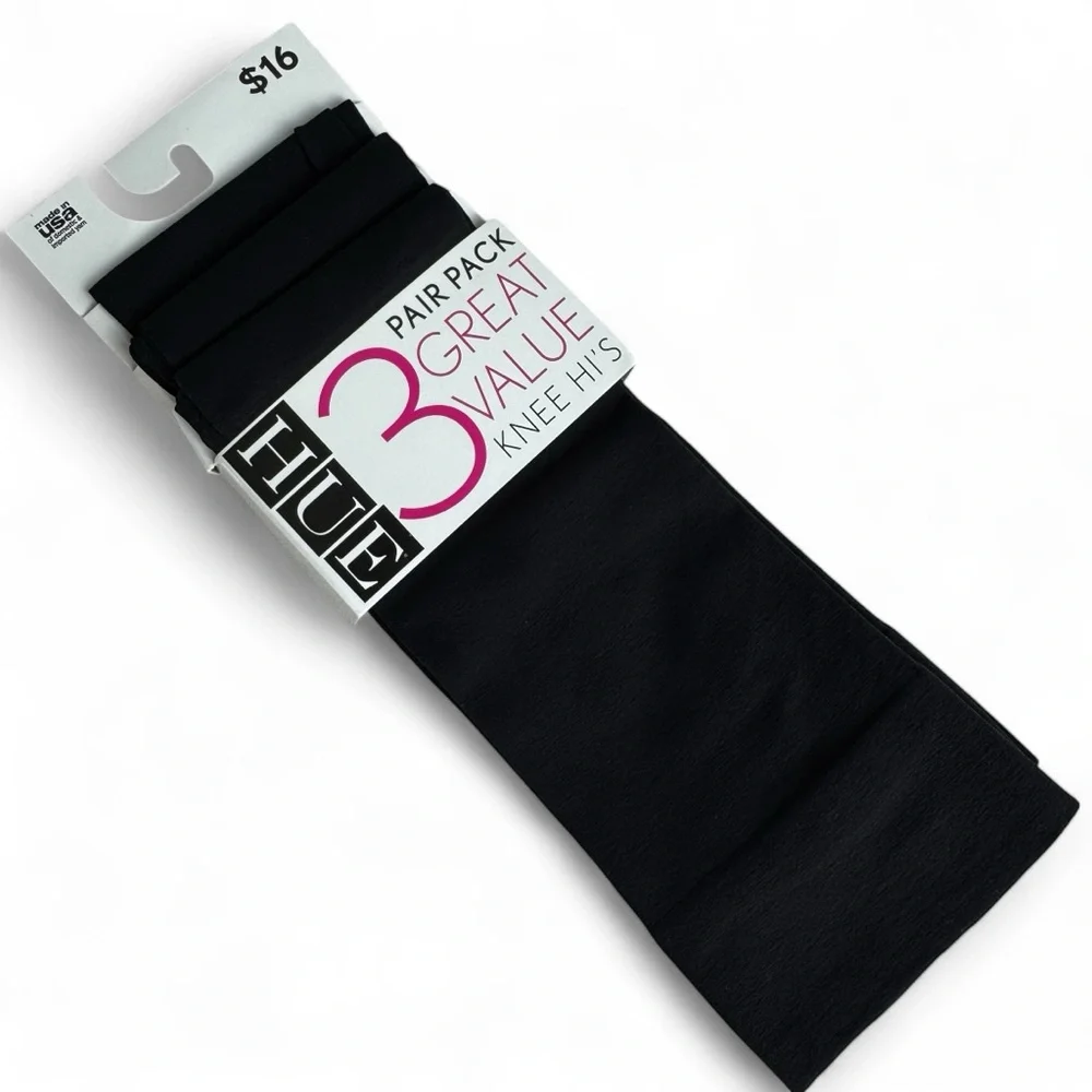 Hue Nylon Knee High Socks 3 Pair Pack One‎ Size Fits Most Black Opaque